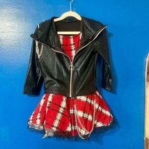 Girls Red Plaid Skirt and Black Faux Leather Jacket Dance Costume